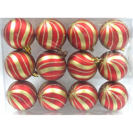 FunFlags Red Ball Ornament with Gold Sprial Design44; Pack of 12